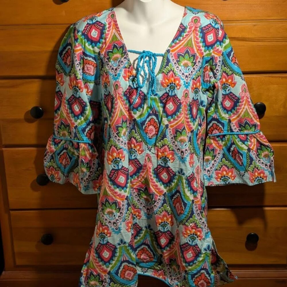 Buckhead Betties Boho Cotton Tunic Dress Medium Bell Sleeve Paisley Resort Cover